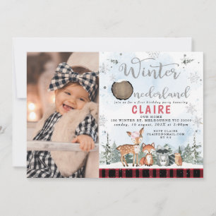 Plaid Winter One-derland Woodland Animals Birthday Invitation