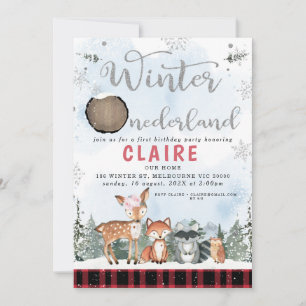 Plaid Winter Onederland Woodland Animals Birthday Invitation