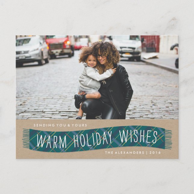 Plaid Winter Scarf Holiday Postcard - Teal (Front)