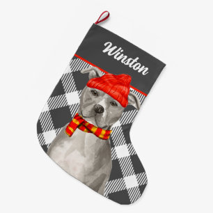 Plaid with a Grey Pit Bull and Dog's Name Large Ch Christmas Stocking