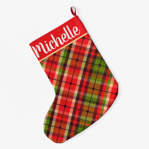 Plaid with Name Large Christmas Stocking