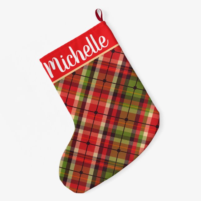 Plaid with Name Large Christmas Stocking (Back (Hanging))