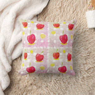 Plaid with Pink Cherries Throw Pillow