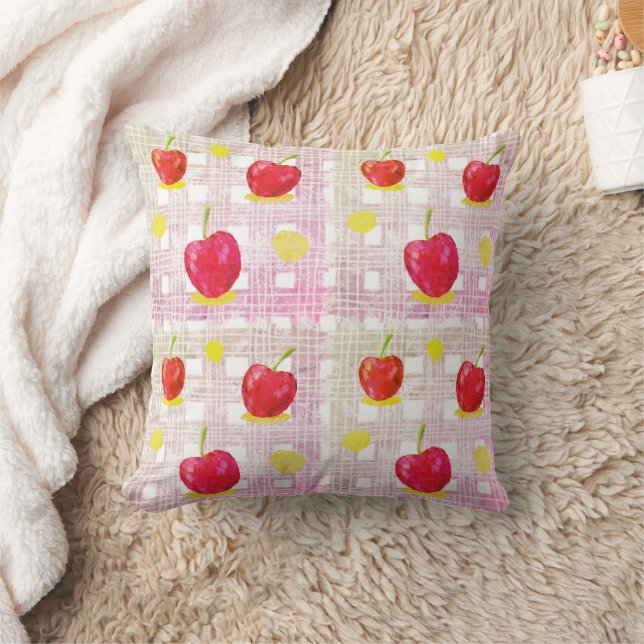 Plaid with Pink Cherries Throw Pillow (Blanket)