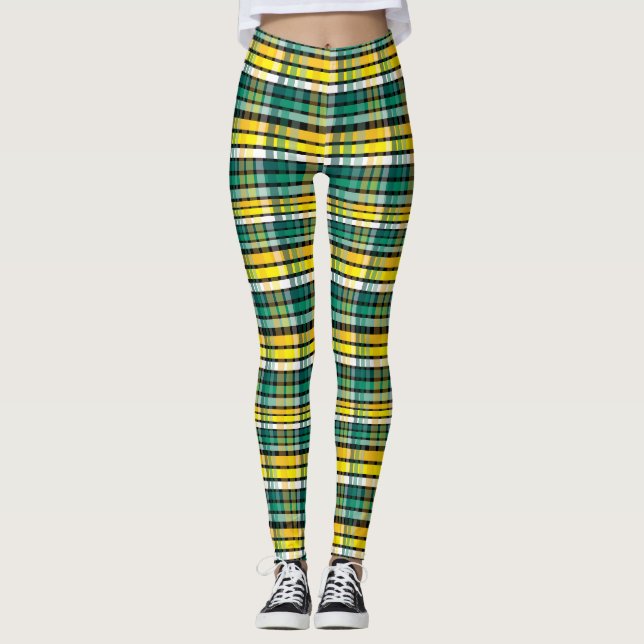 Plaid With Teal Yellow And Black Leggings (Front)