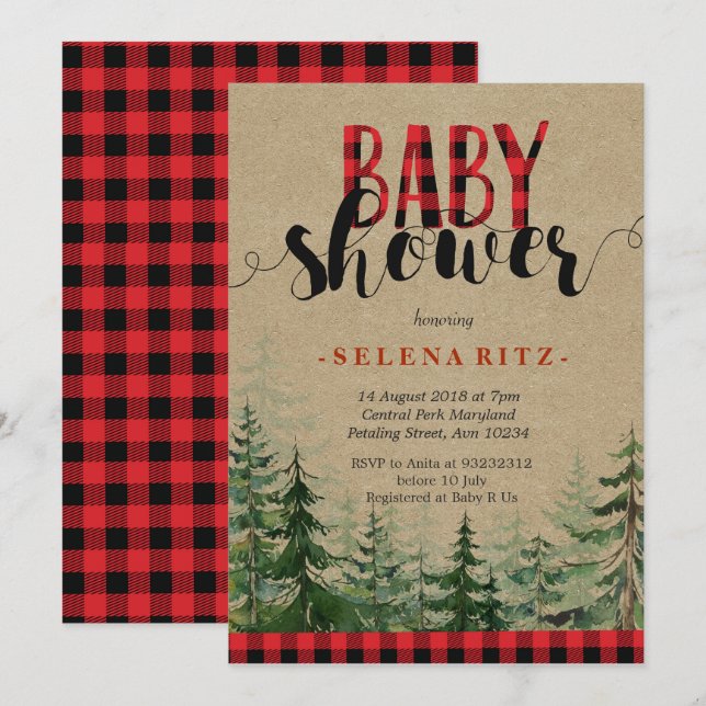 Plaid Wood Woodland Forest Lumberjack Baby Shower Invitation (Front/Back)