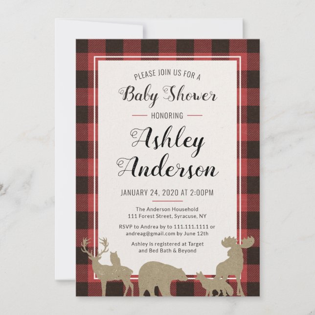Plaid Woodland Animals Baby Shower Invitation (Front)