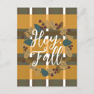 Plaid Wreath Greenery Hey Fall Postcard