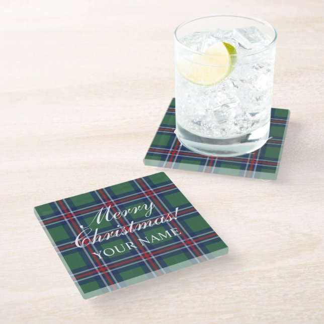 Plaided tartan pattern personalized glass coaster (Angled)