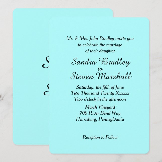 Plain Aqua Wedding Invitation (Front/Back)
