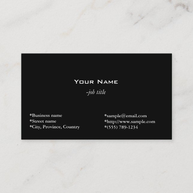 plain, black business card (Front)