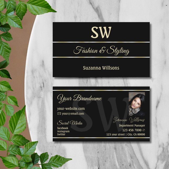 Plain Black Golden Stripes with Monogram and Photo Business Card (Creator Uploaded)