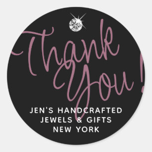 Plain Black Luxury Rhinestone Elegant Thank You Classic Round Sticker