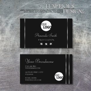 Plain Black Sparkling Diamonds Silver Stripes Logo Business Card