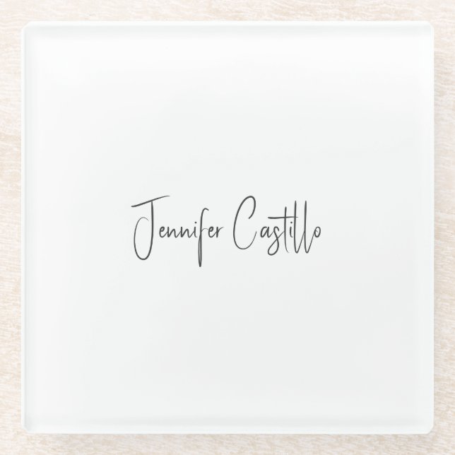 Plain Black White Minimalist Calligraphy Glass Coaster (Front)