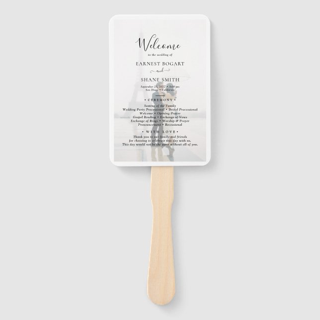 Plain Black & White Vellum Photo Wedding Program Hand Fan (Front)