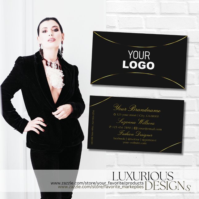 Plain Black with Gold Decor and Logo Modern Simply Business Card (Creator Uploaded)