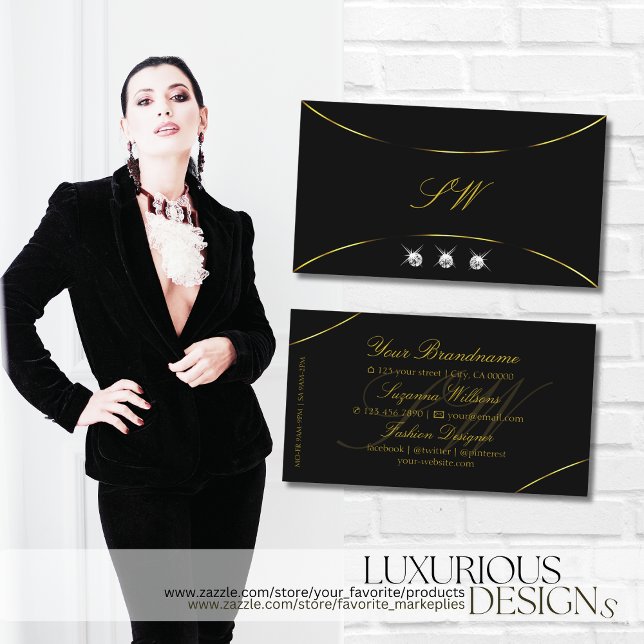 Plain Black with Gold Decor Diamonds and Monogram Business Card (Creator Uploaded)