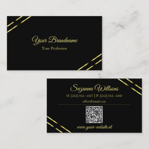 Plain Black with Gold Lines and QR Code Elegant Business Card