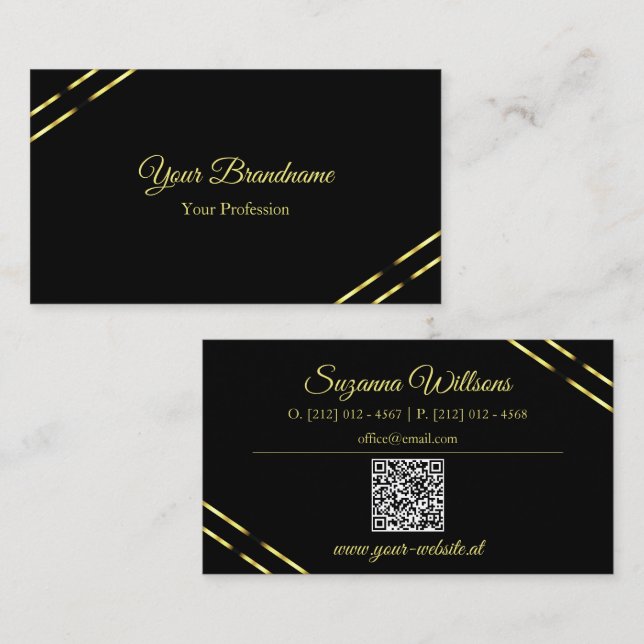 Plain Black with Gold Lines and QR Code Elegant Business Card (Front/Back)