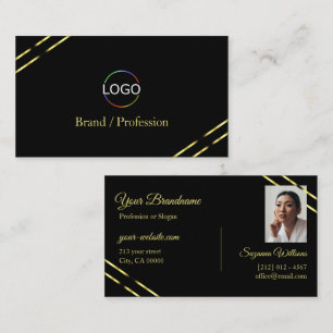 Plain Black with Gold Lines Logo and Photo Business Card