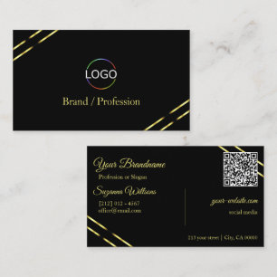 Plain Black with Gold Lines Logo and QR Code Business Card