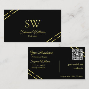Plain Black with Gold Lines Monogram and QR Code Business Card