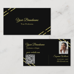 Plain Black with Gold Lines Photo and QR Code Business Card