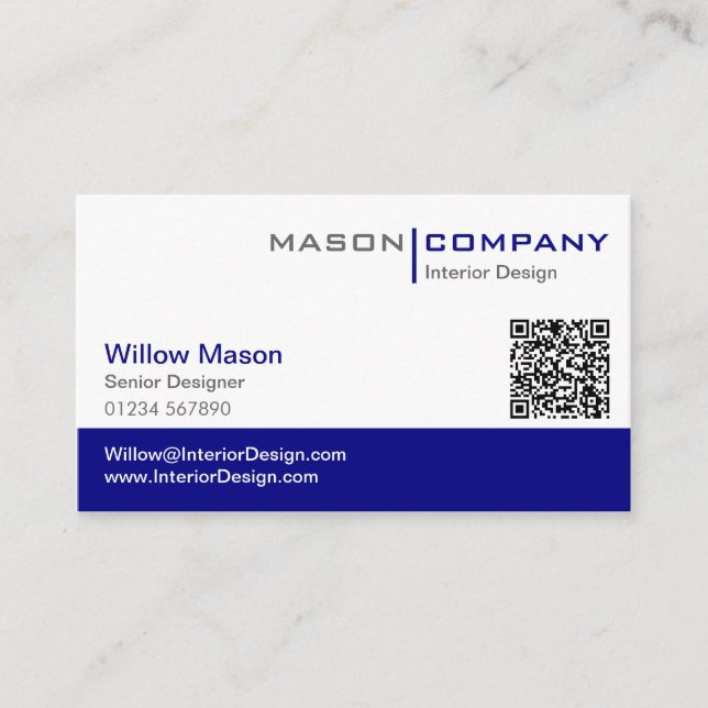 Plain Blue & White Stylish QR Code Business Card (Front)