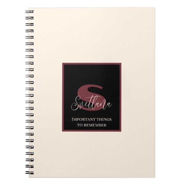 Plain Cream Wine Pink Monogram Custom Name  Notebook (Front)