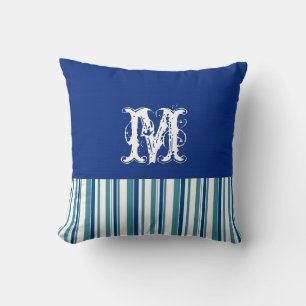 Plain Dark Blue Background. Monogram Retro Stripes Cushion