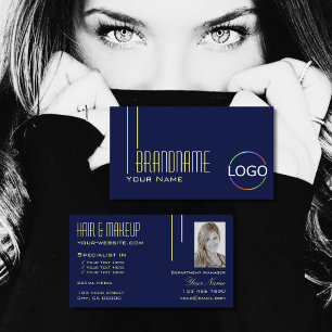 Plain Dark Indigo Blue with Logo and Photo Stylish Business Card