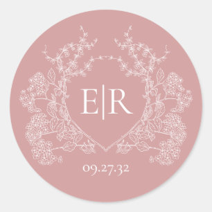 Plain Dusty Pink Floral Crest Monogram Wedding Classic Round Sticker