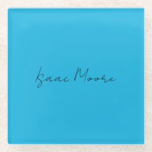 Plain Elegant Blue Script Calligraphy Name Glass Coaster