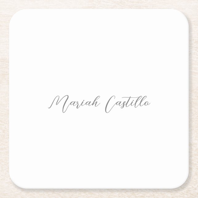 Plain Elegant Calligraphy Script Minimalist Name Square Paper Coaster (Front)