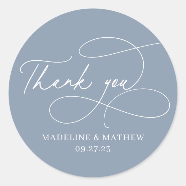 Plain Elegant Dusty Blue Script Wedding Thank You Classic Round Sticker (Front)