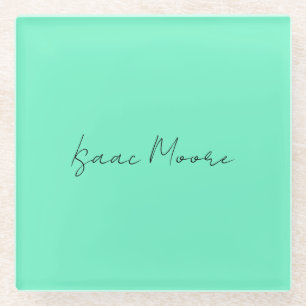 Plain Elegant Green Blue Script Calligraphy Name Glass Coaster