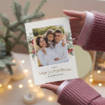 Plain Elegant Merry Christmas Floral Berries PHOTO Holiday Card<br><div class="desc">This beautiful Photo Christmas Card features your best portrait photo with modern calligraphy and a simple minimalist design. Against a delicate tan background, your photo is surrounded by a simple white border and adorned by leaves and berries in perfect Holiday mood , Card reverse is decorated with a Timeless Christmas...</div>