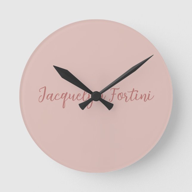 Plain Elegant Rose Gold Calligraphy Script Name Round Clock (Front)