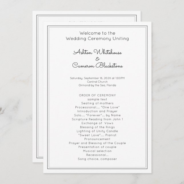 Plain Flat White Wedding Program Template (Front/Back)