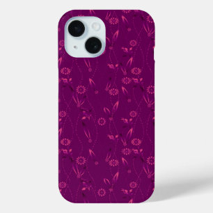 Plain floral pattern retro burgundy iPhone 15 case