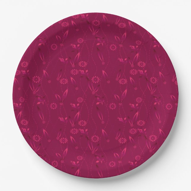 Plain floral pattern retro red paper plate (Front)