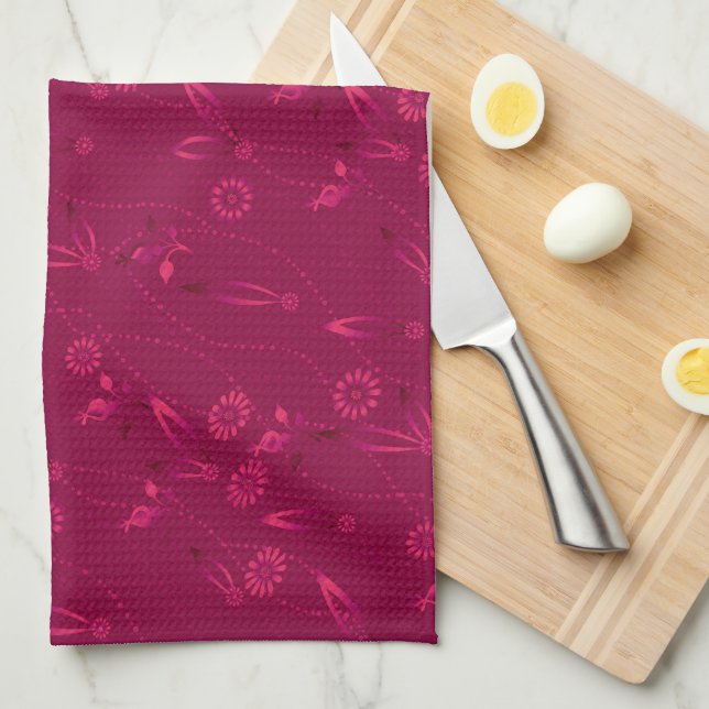 Plain floral pattern retro red tea towel (Quarter Fold)