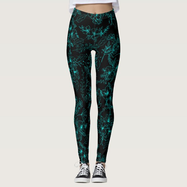 Plain flowers pattern 01.b.Lblue Black BG Leggings (Front)