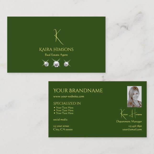 Plain Forest Green with Monogram Photo and Jewels Business Card (Front/Back)