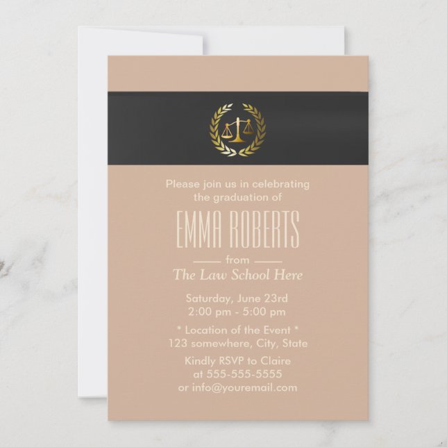 Plain Gold Justice Scale Law School Graduation Invitation (Front)