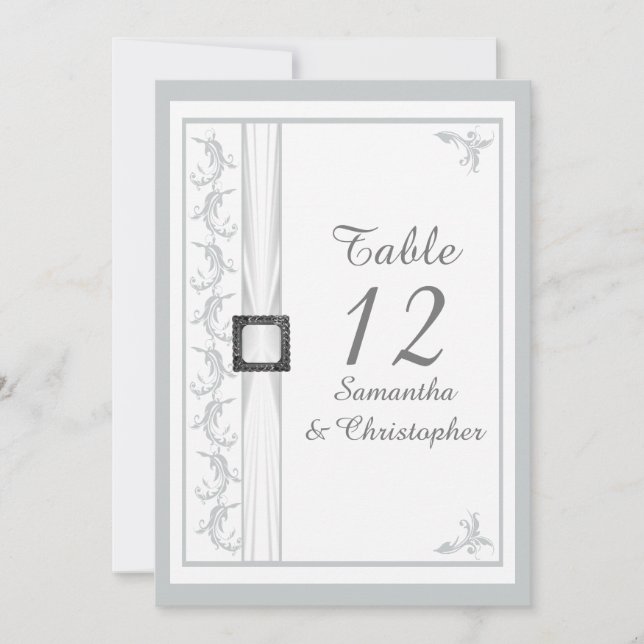 Plain grey and white damask wedding table number (Front)