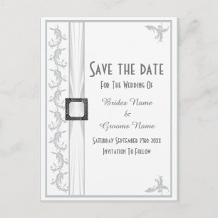 Plain grey and white lace save the date announcement postcard