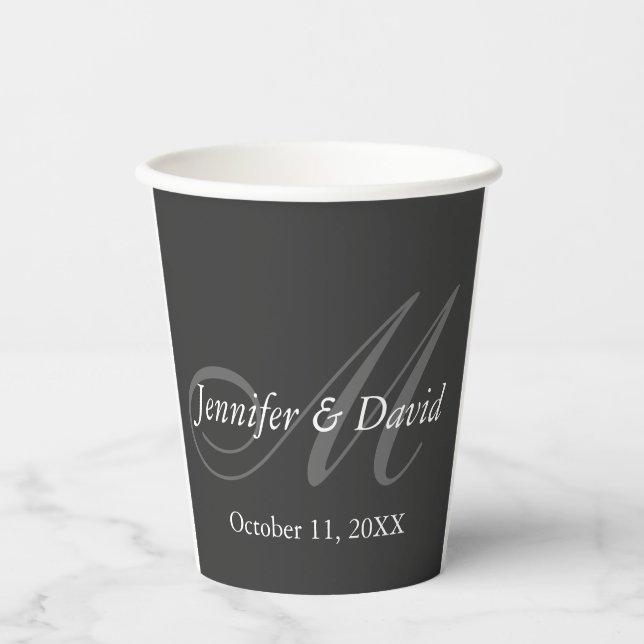 Plain Grey Monogram Wedding Bride Groom Names Paper Cups (Front)