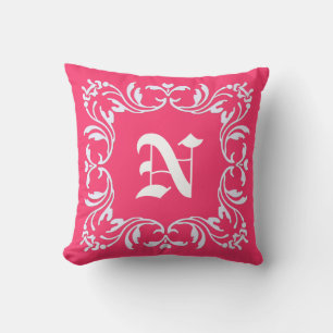 Plain Hot pink background and Damask Monogram Cushion